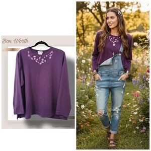 🌿BonWorth Women's Medium Vintage Purple Flower Embroiderd Longsleeve Top